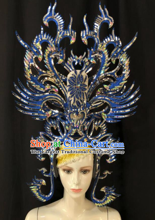 Handmade Brazil Carnival Giant Headpiece Samba Dance Blue Phoenix Royal Crown Stage Show Hair Accessories Halloween Deluxe Hat