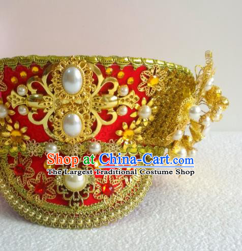 China Ancient Manchu Empress Pearls Hair Crown Traditional Drama Ruyi Royal Love in the Palace Hair Accessories Qing Dynasty Queen Red Hat Headdress