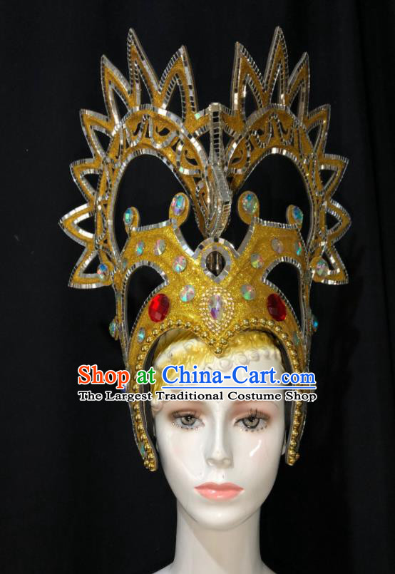 Handmade Brazil Carnival Deluxe Headpiece Samba Dance Golden Royal Crown Halloween Performance Hair Accessories Cosplay Queen Giant Hat