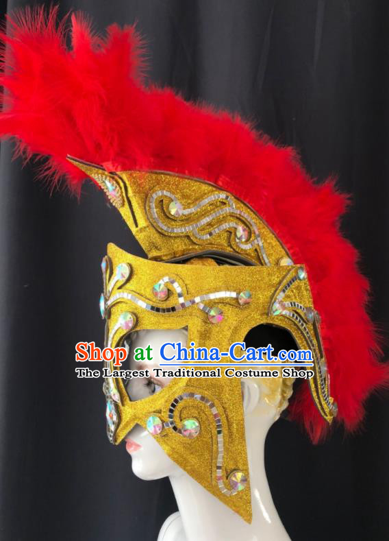 Professional Cosplay Warrior Red Feather Helmet Easter Hair Decorations Stage Performance Golden Hat Halloween Rome Knight Headdress