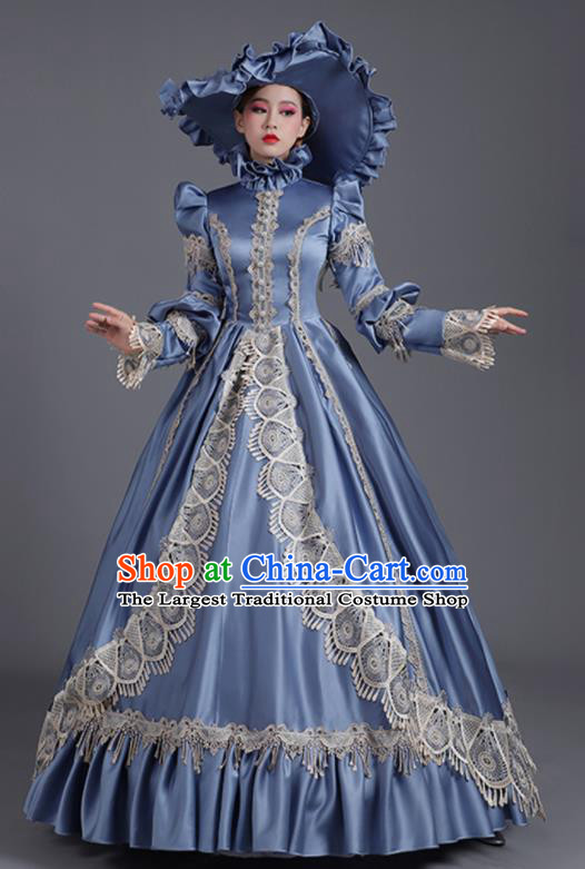 Custom European Countess Blue Full Dress Western Style Court Clothes Europe Vintage Garment Costume Stage Performance Fashion