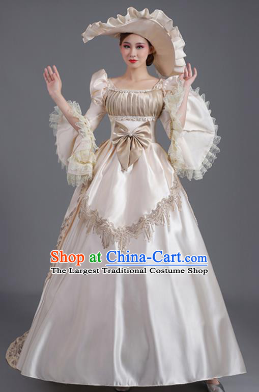 Custom European Noble Lady Champagne Dress Western Medieval Age Court Clothing Europe Vintage Full Dress Stage Performance Fashion