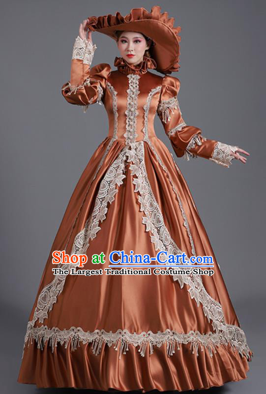 Custom Europe Vintage Full Dress Stage Performance Fashion European Noble Woman Brown Satin Dress Western Medieval Age Court Clothing