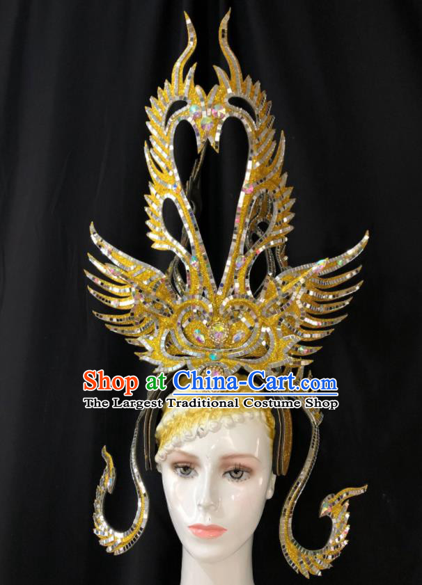 Handmade Samba Dance Royal Crown Halloween Hair Accessories Cosplay Queen Giant Golden Phoenix Coronet Brazil Carnival Deluxe Headpiece