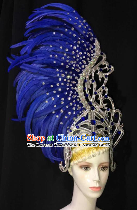 Handmade Rio Carnival Royalblue Feather Headwear Stage Show Royal Crown Halloween Cosplay Giant Headpiece Samba Dance Hair Accessories