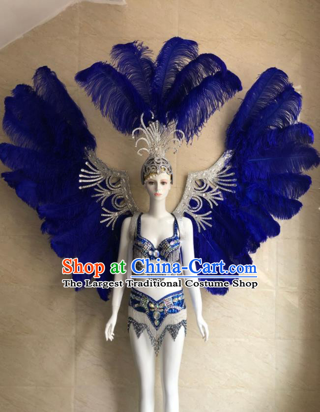 Custom Brazilian Carnival Costumes Professional Catwalks Clothing Woman Swimsuits Samba Dance Uniforms and Royalblue Feather Wings Headdress