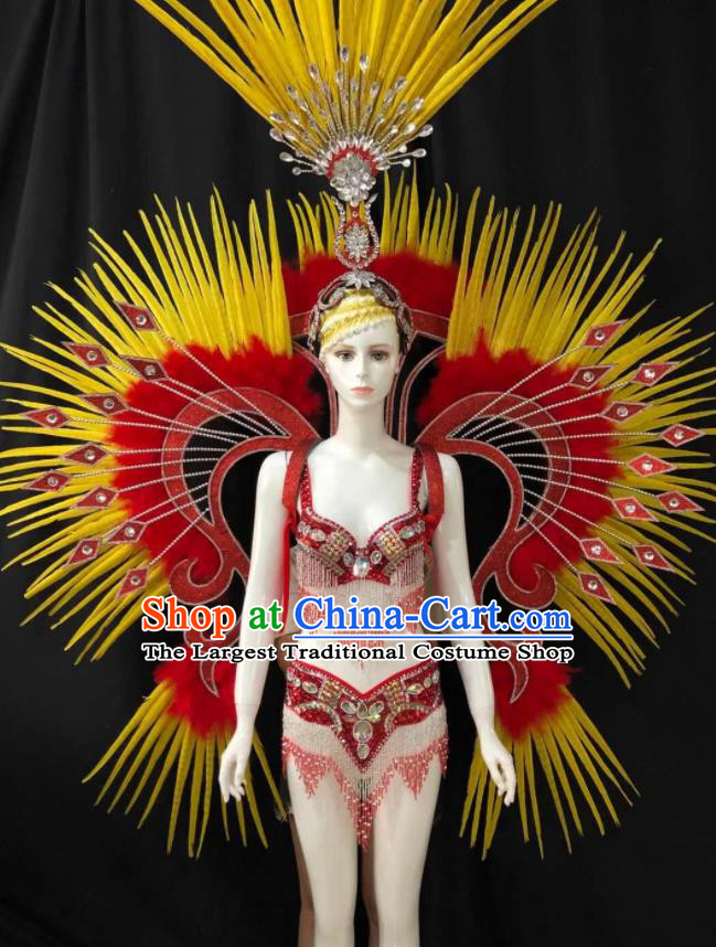 Custom Samba Dance Uniforms Brazilian Carnival Costumes Professional Catwalks Clothing Woman Swimsuits and Red Feather Butterfly Wings Headdress