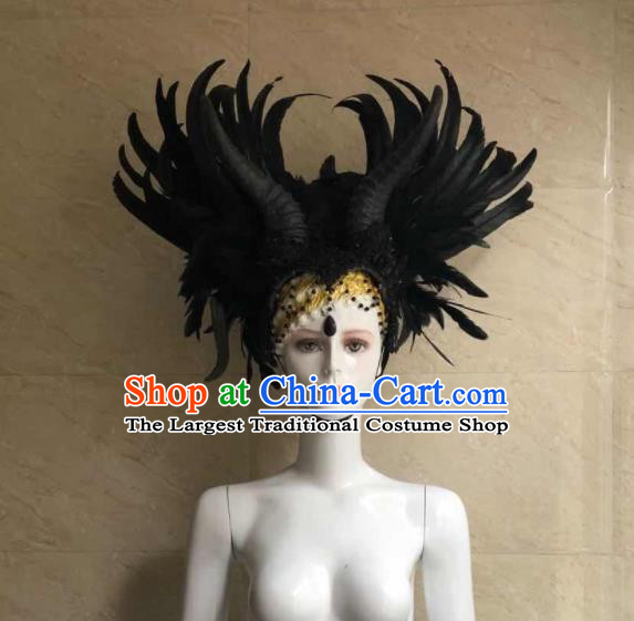 Handmade Black Angel Feathers Royal Crown Halloween Cosplay Hair Accessories Samba Dance Headpiece Rio Carnival Headdress