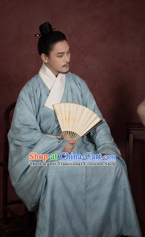 China Ancient Taoist Blue Hanfu Robe Traditional Ming Dynasty Male Scholar Historical Clothing