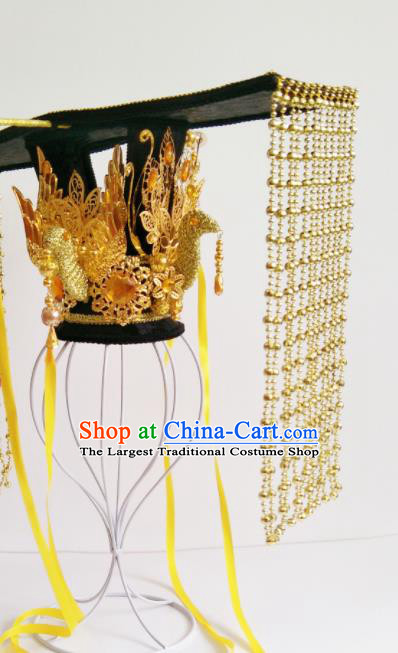 China Ancient Queen Golden Phoenix Hair Crown Traditional Drama Court Hair Accessories Tang Dynasty Empress Wu Zetian Tassel Hat Headdress