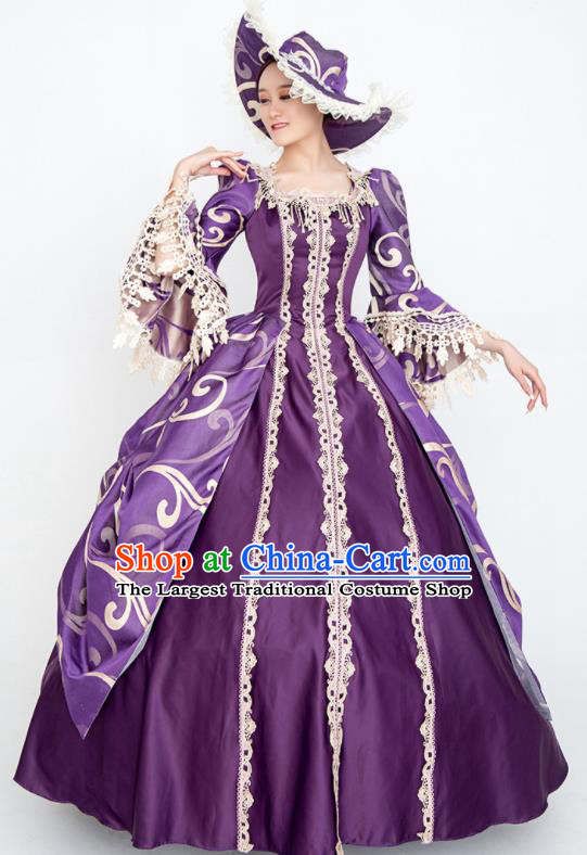 Custom Europe Vintage Full Dress Western Court Fashion European Noble Lady Purple Satin Dress Medieval Age Clothing