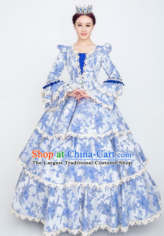 Custom European Noble Woman Printing Blue Dress Europe Drama Stage Clothing Vintage Full Dress Western Court Fashion