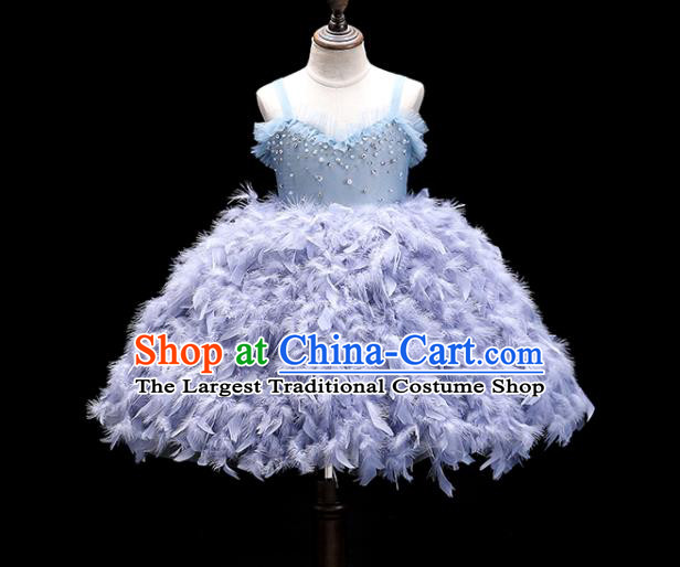 Top Girl Catwalks Show Bubble Evening Dress Christmas Princess Garment Children Stage Performance Blue Feather Formal Clothing