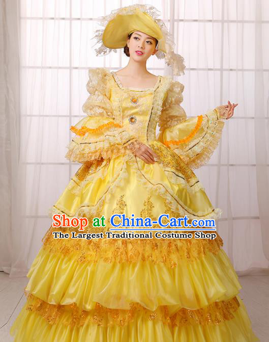 Custom Western Woman Catwalks Dress Europe Countess Clothing European Medieval Yellow Full Dress Drama Performance Fashion