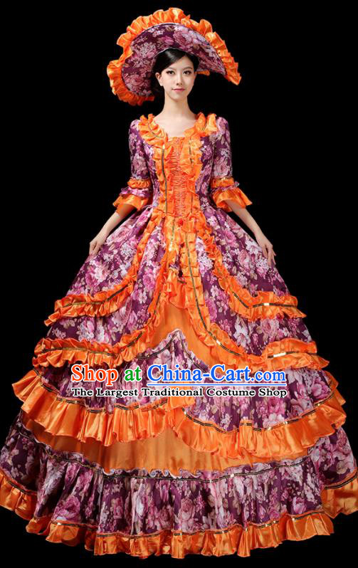 Custom European Vintage Printing Dress Opera Performance Fashion Europe Catwalks Clothing Western Royal Purple Full Dress