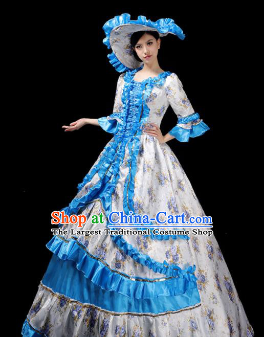 Custom Europe Catwalks Clothing Western Royal Blue Full Dress European Vintage Printing Dress Opera Performance Fashion