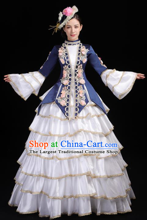 Custom Catwalks Navy Full Dress European Medieval Vintage Dress Western Opera Performance Fashion Europe Court Woman Clothing