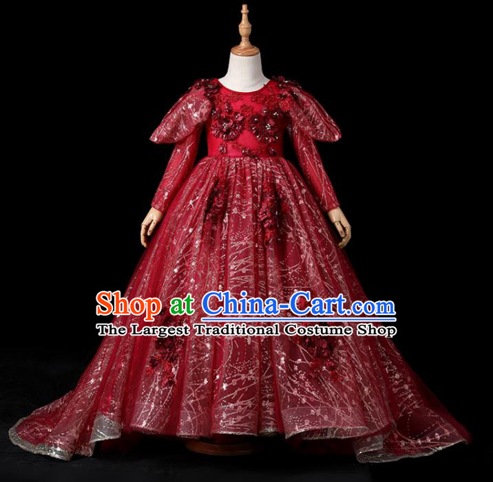 Top Children Stage Show Formal Clothing Girl Catwalks Wine Red Evening Dress Christmas Princess Fashion Garment