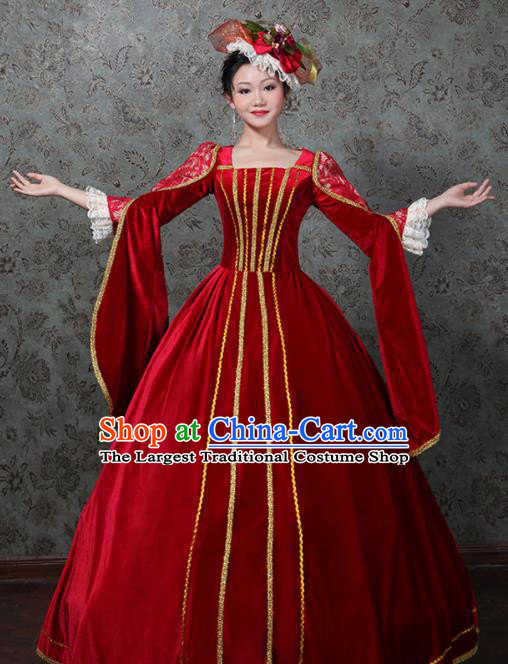 Custom European Queen Red Velvet Dress Western Vintage Fashion Europe Noble Woman Clothing Catwalks Full Dress