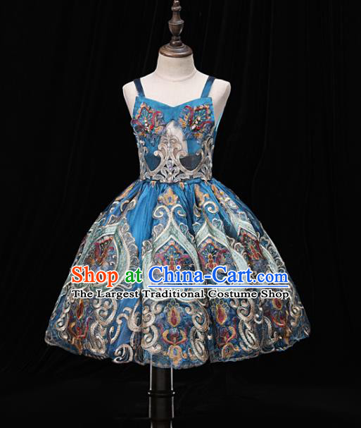 Top Children Stage Show Formal Clothing Girl Catwalks Baroque Blue Evening Dress Christmas Princess Fashion Garment