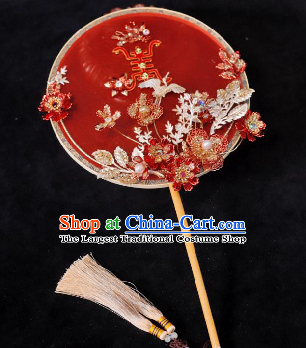 Handmade China Wedding Fan Ancient Bride Circular Fan Traditional Red Silk Fan Classical Dance Palace Fan