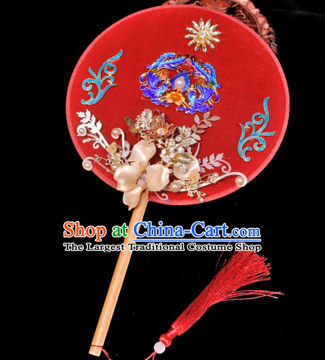 Handmade China Classical Dance Red Palace Fan Wedding Cloisonne Phoenix Fan Ancient Bride Circular Fan Traditional Silk Fan