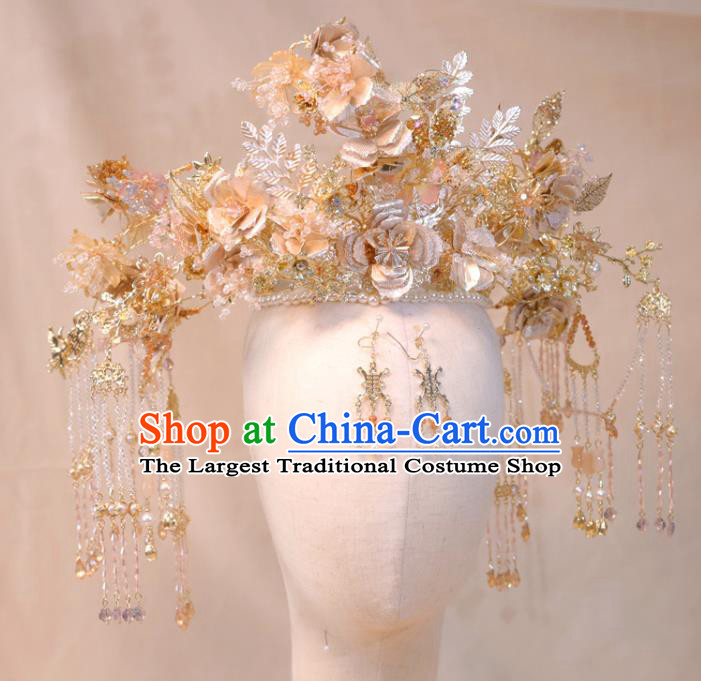 Chinese Ancient Bride Tassel Hair Crown Wedding Hair Accessories Classical Phoenix Coronet Handmade Xiuhe Suits Headdress