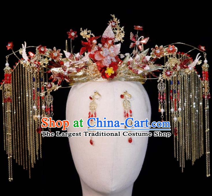 Chinese Classical Red Phoenix Coronet Handmade Xiuhe Suits Headdress Ancient Bride Golden Tassel Hair Crown Wedding Hair Accessories