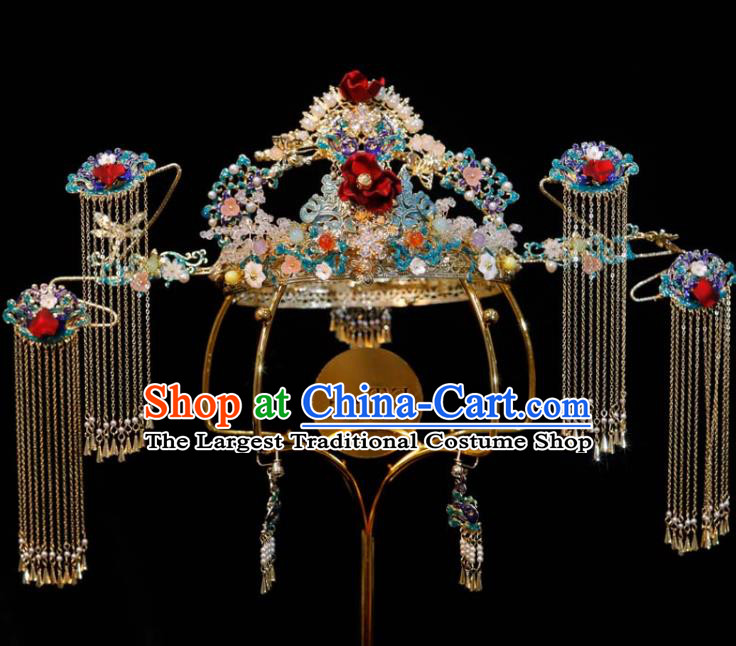 Chinese Ancient Bride Deluxe Tassel Hair Crown Wedding Cloisonne Phoenix Coronet Classical Headpieces Handmade Hair Accessories