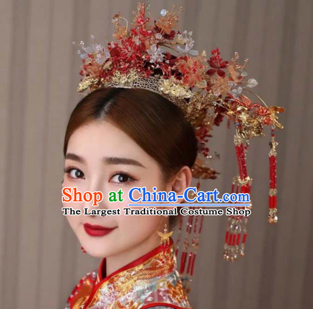 Chinese Handmade Hair Accessories Ancient Bride Red Tassel Hair Crown Wedding Phoenix Coronet Classical Headpieces