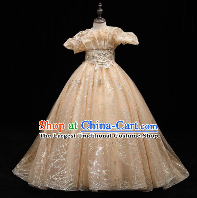 Top Catwalks Golden Trailing Evening Dress Girl Princess Fashion Garment Children Stage Show Formal Clothing