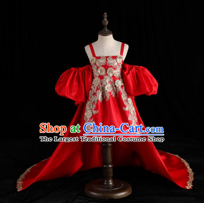 Top Children Stage Show Formal Clothing Catwalks Red Trailing Evening Dress Girl Princess Fashion Garment