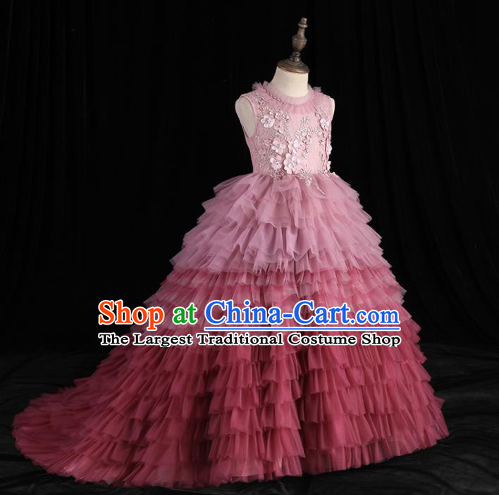 Top Girl Princess Performance Fashion Garment Children Stage Show Formal Clothing Catwalks Pink Veil Trailing Evening Dress