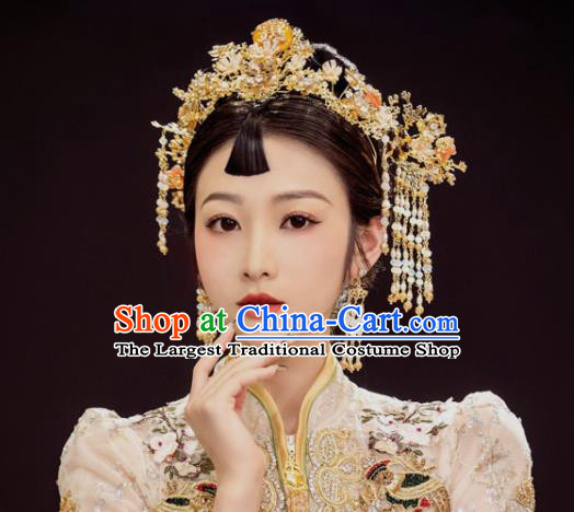 Chinese Handmade Wedding Hair Accessories Ancient Bride Golden Phoenix Coronet Classical Tassel Hairpins XiuHe Headpieces