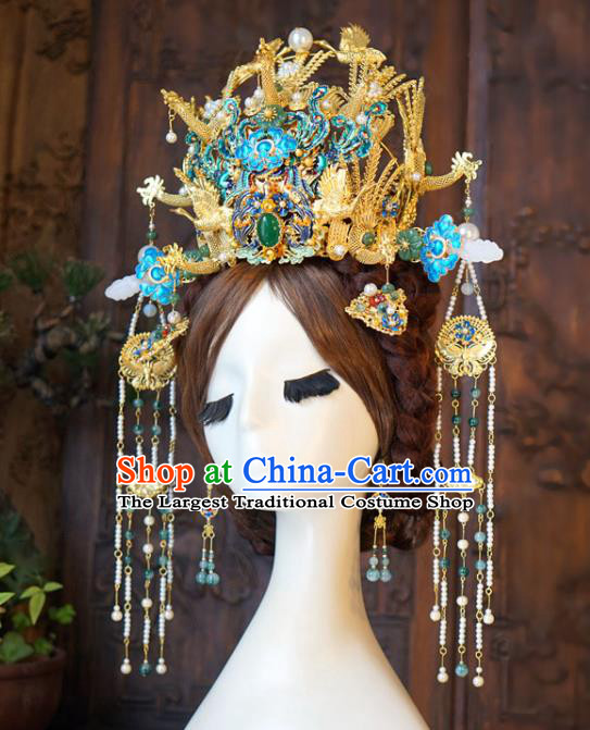 Chinese Hanfu Headdress Handmade Wedding Hair Accessories Ancient Bride Golden Phoenix Coronet Classical Ming Dynasty Jade Hairpins