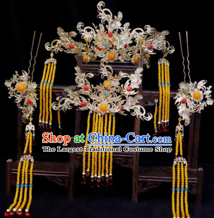 Chinese Ancient Bride Phoenix Coronet Classical Yellow Tassel Hairpins Hanfu Headdress Handmade Wedding Hair Accessories