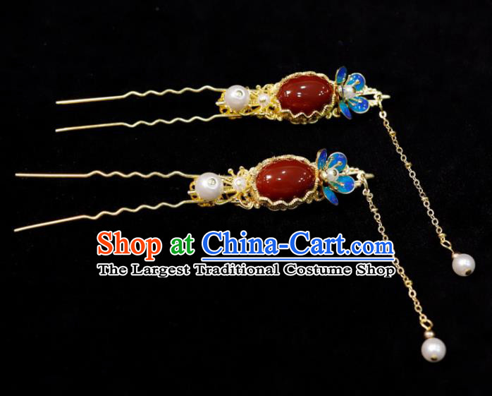 Chinese Wedding Hair Accessories Ancient Bride Agate Hairpin Classical Tassel Hair Stick Handmade Qing Dynasty Queen Headpiece