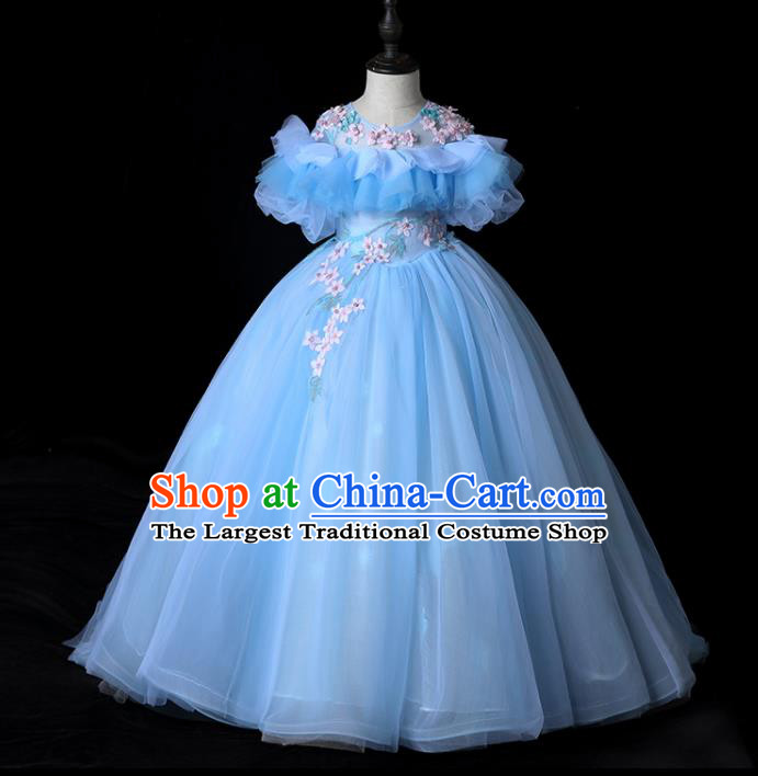 Top Children Flower Fairy Formal Clothing Catwalks Compere Blue Veil Evening Dress Girl Performance Fashion Garment