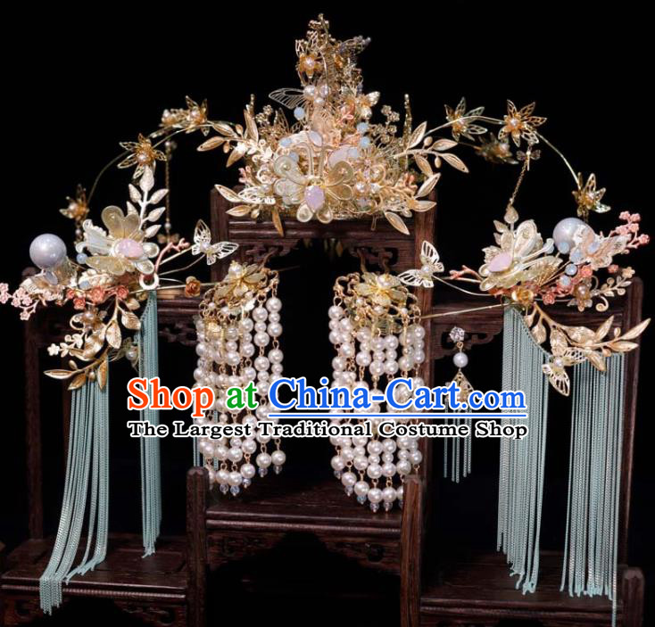 Chinese Handmade Wedding Hair Accessories Ancient Bride Hair Crown and Tassel Hairpins Classical Phoenix Coronet XiuHe Headpieces