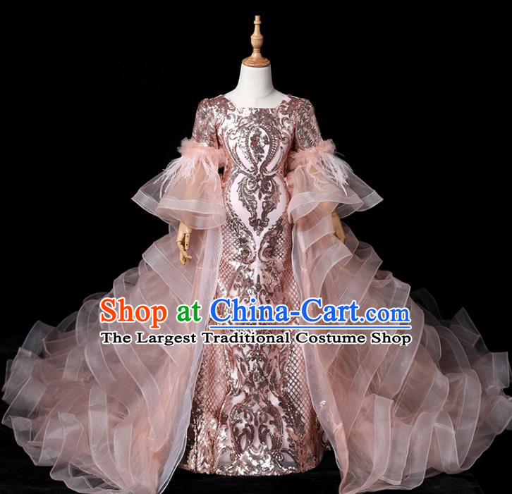 Top Baroque Girl Princess Fashion Garment Children Stage Show Formal Clothing Catwalks Pink Trailing Evening Dress