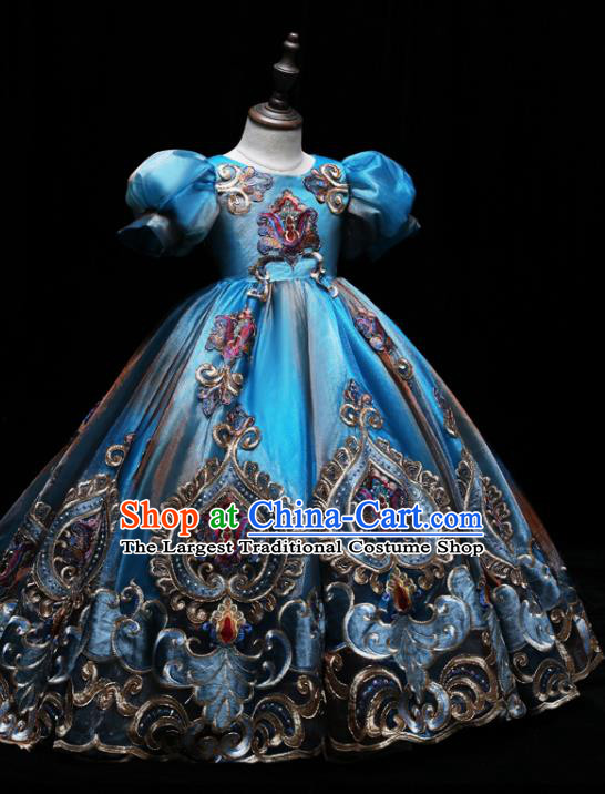 Top Catwalks Embroidered Blue Evening Dress Baroque Girl Princess Fashion Garment Children Stage Show Formal Clothing