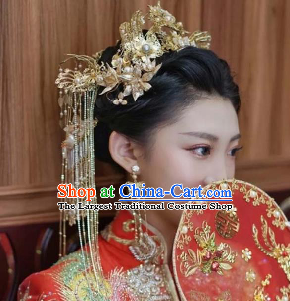 Chinese XiuHe Headpieces Handmade Wedding Hair Accessories Ancient Bride Hair Crown Classical Golden Phoenix Coronet