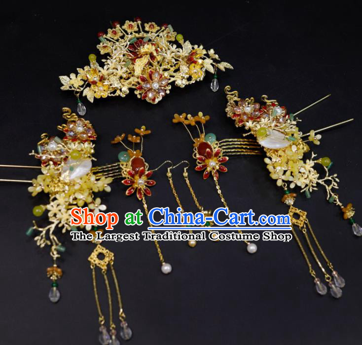 Chinese Classical Fragrans Hairpins Handmade Wedding Headdress XiuHe Suits Hair Accessories Ancient Bride Golden Hair Crown