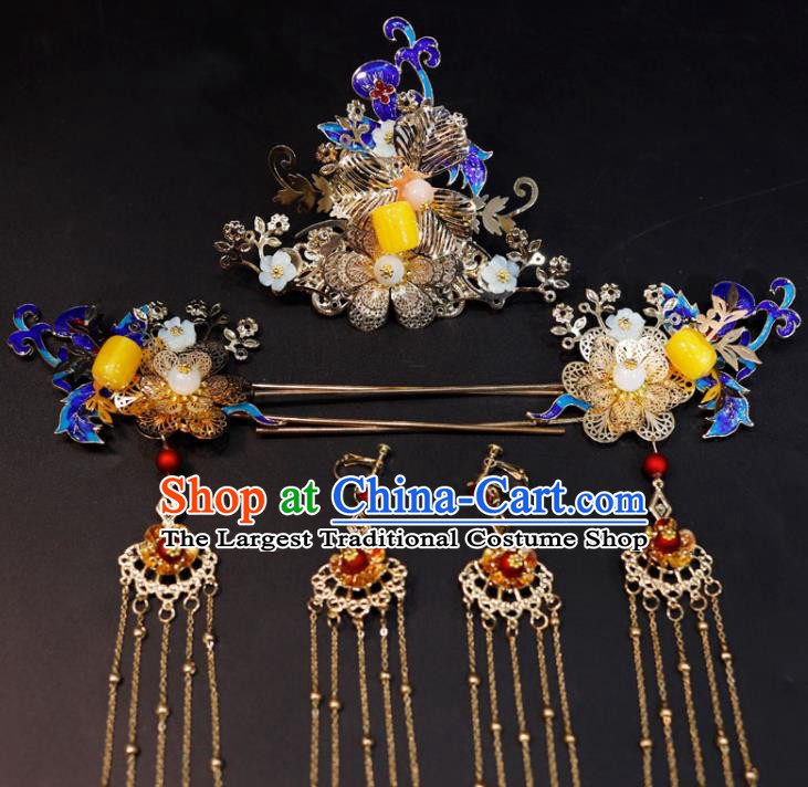 Chinese Traditional Hanfu Hair Accessories Ancient Cloisonne Hair Crown Classical Tassel Hairpins Handmade Wedding Headdress