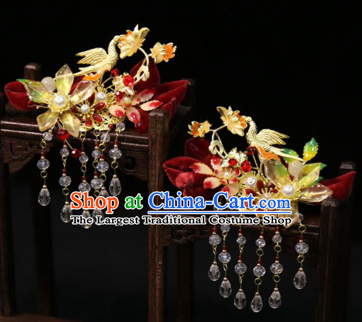 China Handmade Wedding Hair Accessories Traditional Hanfu Hairpins Ancient Bride Golden Crane Hair Sticks