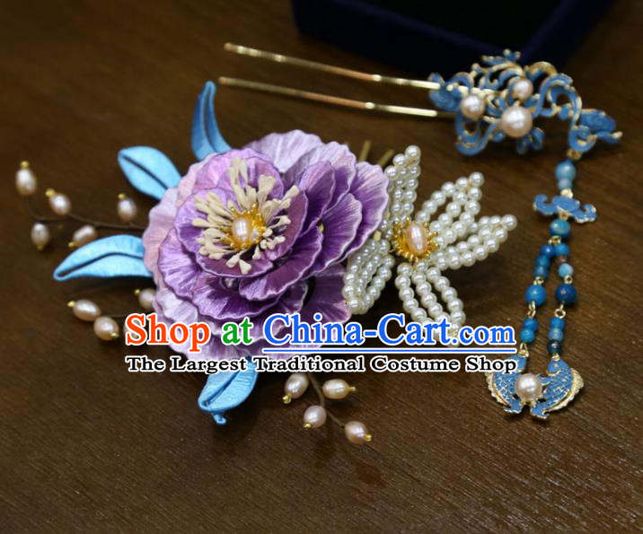 China Ancient Bride Purple Silk Peony Hair Stick Handmade Ming Dynasty Wedding Hair Accessories Traditional Hanfu Cloisonne Tassel Hairpin