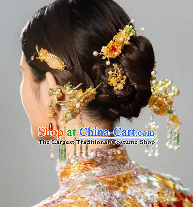 Chinese Traditional XiuHe Hair Accessories Ancient Bride Golden Dragon Hairpins Classical Jade Tassel Hair Sticks Handmade Wedding Headdress