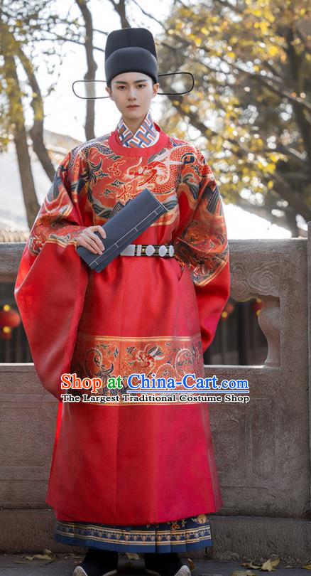 China Ancient Young Male Garment Costume Ming Dynasty Red Official Robe Traditional Wedding Historical Clothing