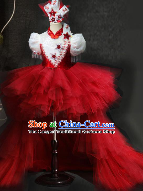 Top Catwalks Red Veil Trailing Dress Christmas Stage Show Fashion Children Day Performance Clothing Girl Chorus Garment