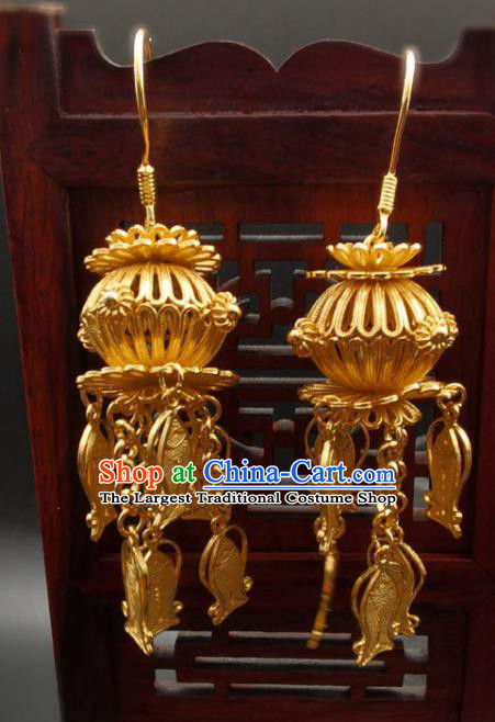 Handmade China Wedding Earrings Classical Golden Lantern Ear Accessories Ming Dynasty Gilding Silver Fish Tassel Ear Jewelry